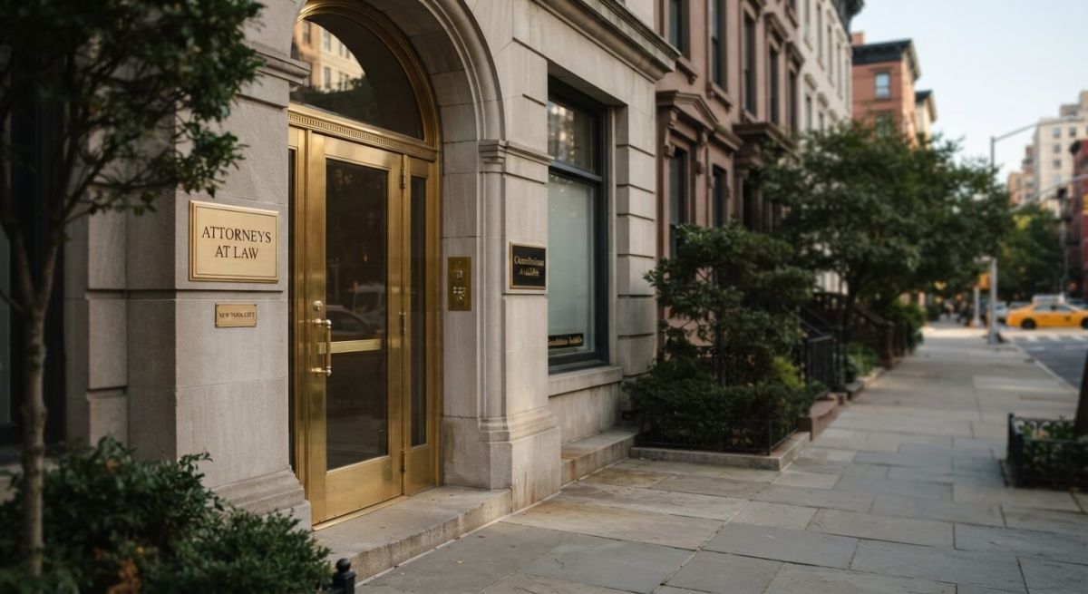 Exterior view of a New York City law office entrance with brass doors and an "ATTORNEYS AT LAW" sign.