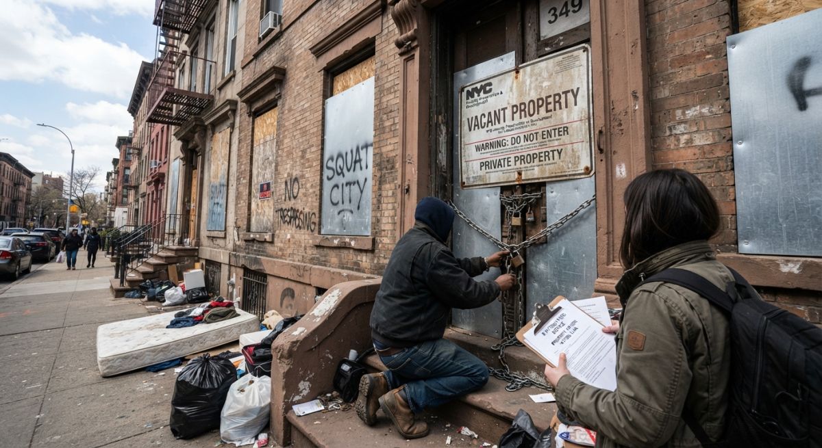 Street-level view of a graffiti-covered NYC brownstone with boarded-up windows. A worker secures a chain and padlock on the front door while an observer holds a clipboard. A "Vacant Property" sign is visible, and discarded items litter the sidewalk.
