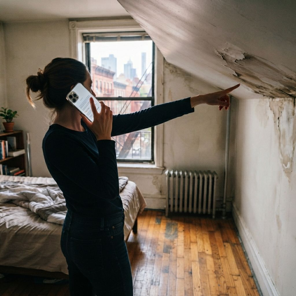 Tenant pointing out water damage on apartment wall while calling the landlord.