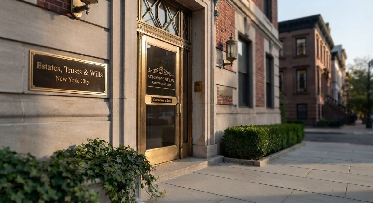 Exterior entrance of a New York City law office building featuring classic brownstone architecture, a brass door with "Attorneys at Law" signage, and a stone plaque reading "Estates, Trusts & Wills New York City."