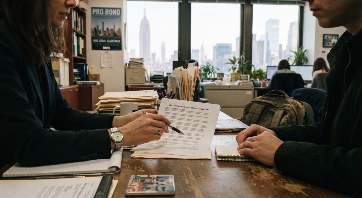 A cropped view of two people reviewing legal documents across a desk in a New York office, with the city skyline visible in the background.