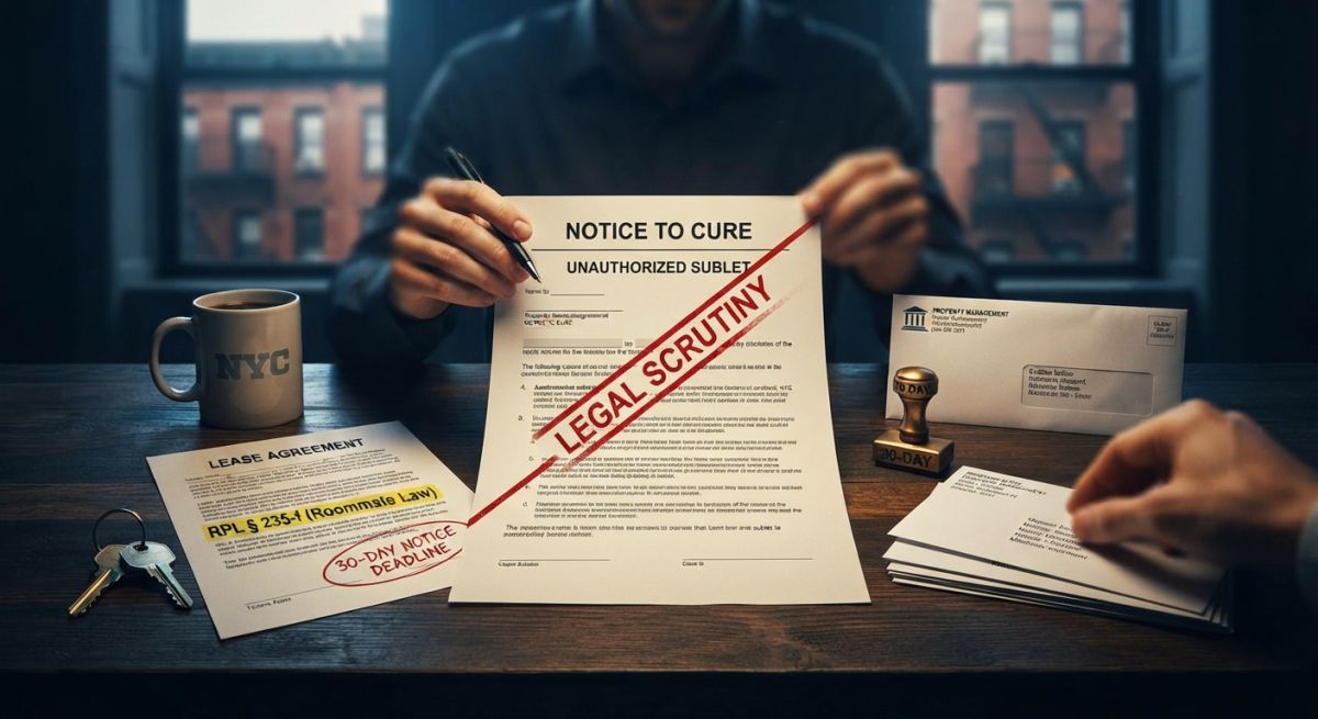 Hands reviewing an NYC lease agreement and a notice to cure on a desk.